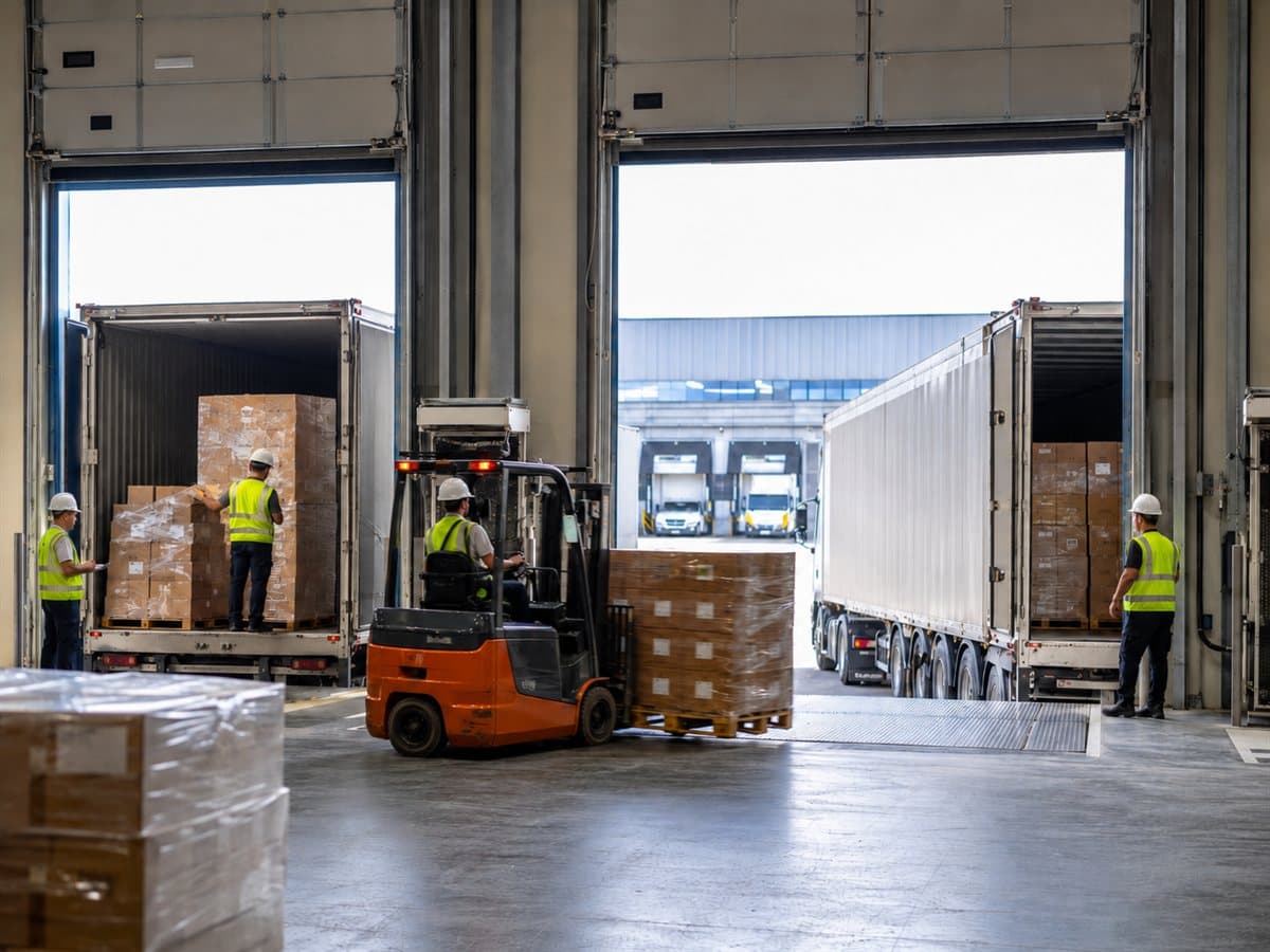 Cross docking operation with a forklift between two trucks