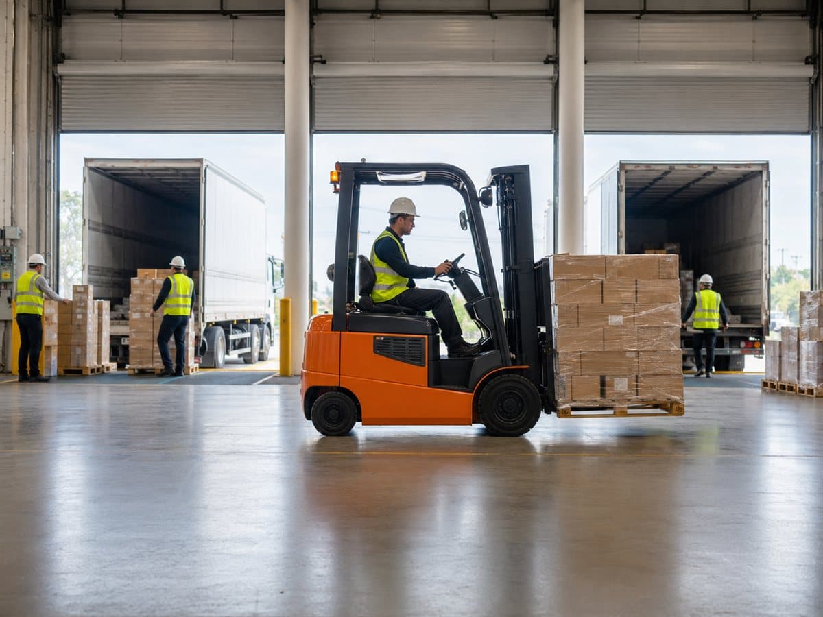 Operación de cross docking con montacargas entre dos camiones