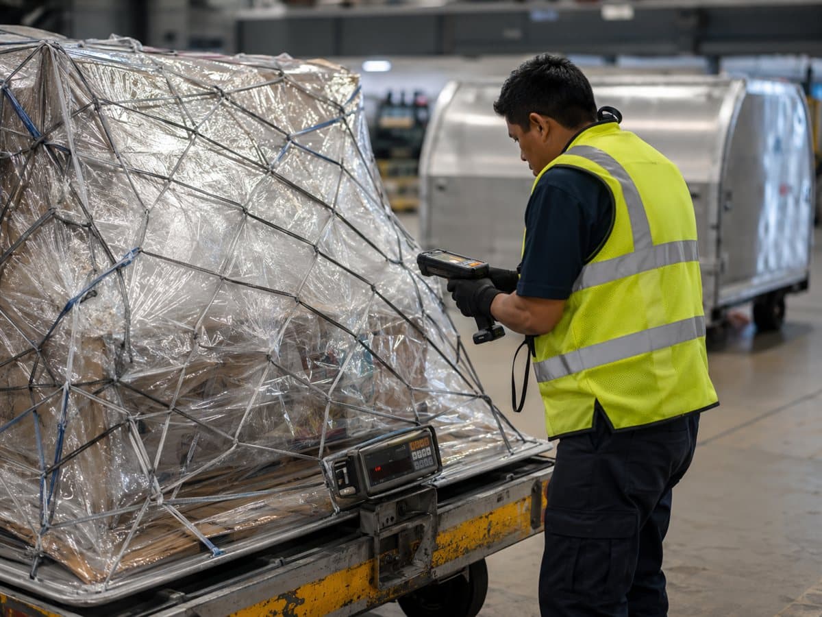 Pallet de carga aérea com rede sendo pesado e escaneado