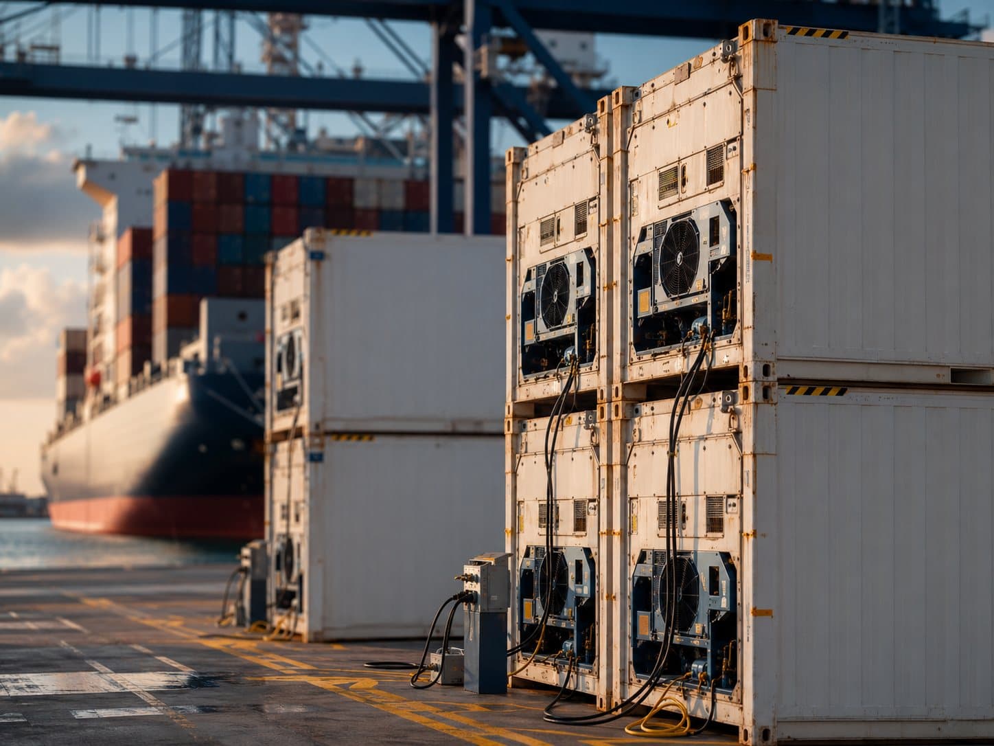 Contenedores refrigerados conectados en una terminal portuaria de Panamá